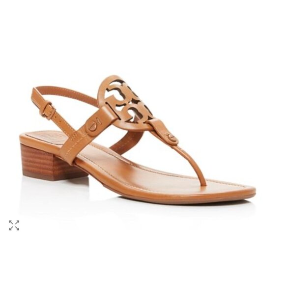 Tory Burch Miller Logo Block Heel Slingback Sandals Brown Leather Size 7 - Picture 1 of 7